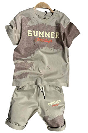 Erkek Çocuk Summer Yazı Baskılı  Cep ve İp Detaylı Bej Şortlu Takım