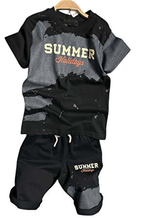 Erkek Çocuk Summer Yazı Baskılı  Cep ve İp Detaylı Siyah Şortlu Takım