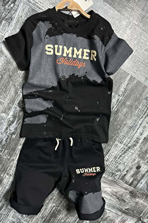 Erkek Çocuk Summer Yazı Baskılı  Cep ve İp Detaylı Siyah Şortlu Takım