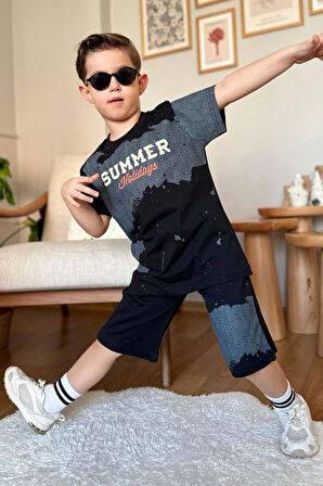 Erkek Çocuk Summer Yazı Baskılı  Cep ve İp Detaylı Siyah Şortlu Takım
