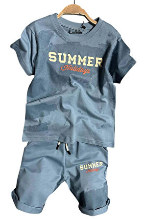 Erkek Çocuk Summer Yazı Baskılı  Cep ve İp Detaylı Mavi Şortlu Takım