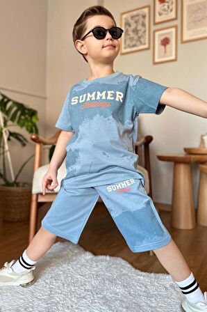 Erkek Çocuk Summer Yazı Baskılı  Cep ve İp Detaylı Mavi Şortlu Takım