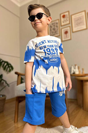 Erkek Çocuk New York City ve Yazı Baskılı T-Shirt Mavi Şortlu Takım