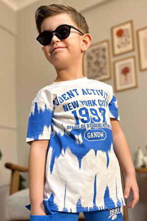 Erkek Çocuk New York City ve Yazı Baskılı T-Shirt Mavi Şortlu Takım