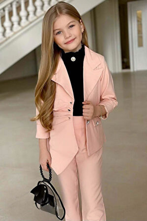 Kız Çocuk Palyaço Yaka Kolsuz Bluz Taş Düğme Detaylı Blazer Ceket Pudra Alt Üst Takım