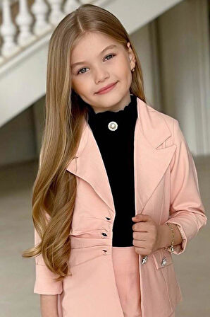 Kız Çocuk Palyaço Yaka Kolsuz Bluz Taş Düğme Detaylı Blazer Ceket Pudra Alt Üst Takım