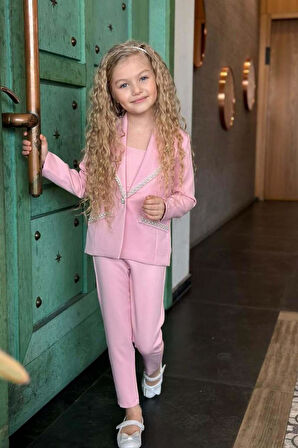 Kız Çocuk Yaka Kenarları İnci Taş İşlemeli Blazer Ceket Kolsuz Penye Crop Pembe Alt Üst Takım