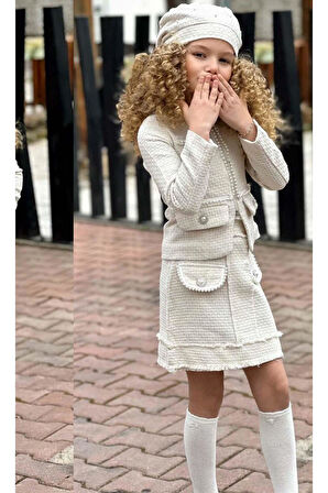 Kız Çocuk Kenarları İnci Taş İşlemeli Triko Ceket Cep Detaylı Ekru Etekli Takım