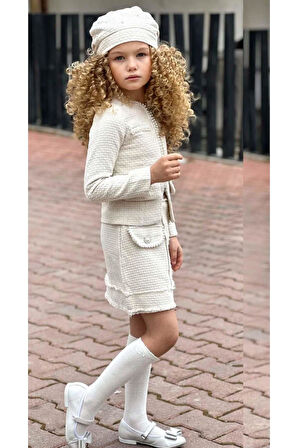 Kız Çocuk Kenarları İnci Taş İşlemeli Triko Ceket Cep Detaylı Ekru Etekli Takım