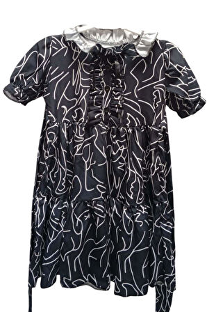 Kız Çocuk Yakası Fırfır ve Düğme Detaylı Karışık Desenli Viskon Siyah Salaş Elbise