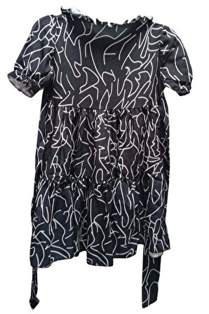 Kız Çocuk Yakası Fırfır ve Düğme Detaylı Karışık Desenli Viskon Siyah Salaş Elbise