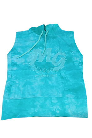 Kız Çocuk Kapüşonlu Kolsuz Since Yazı Baskılı İpli Turkuaz Sweat