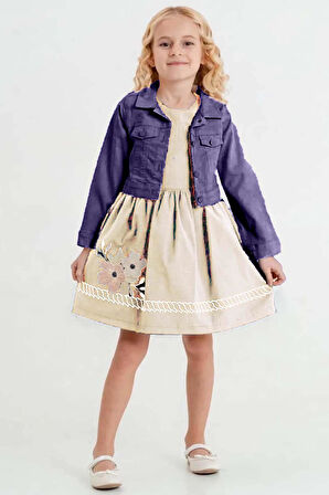 Kız Çocuk Üzerinde Jeans Ceket ve Çiçek Dikiş İşlemeli Krem Elbise