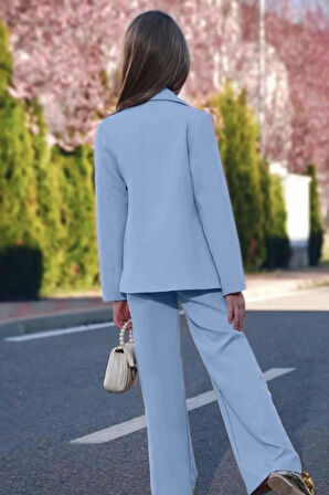 Kız Çocuk Blazer Ceket ve Zincir Detaylı Buz Mavisi Tulum
