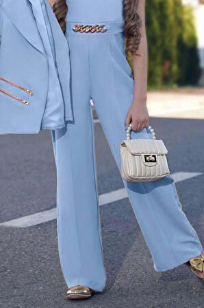 Kız Çocuk Blazer Ceket ve Zincir Detaylı Buz Mavisi Tulum
