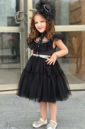Kız Çocuk Gömlek Yaka Taş İşlemeli Göğsü Fırfırlı Sıfır Kol Kemerli Eteği Tüllü Siyah Elbise
