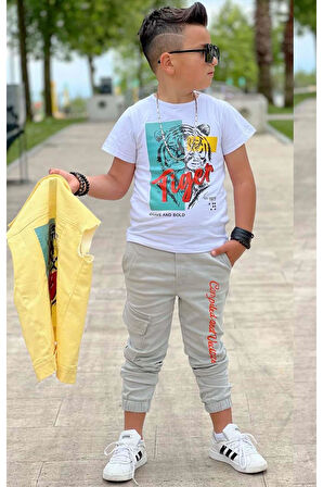 Erkek Çocuk Kaplan Detaylı T-shirt Sırt Baskılı Kolsuz Sarı Jean Ceket Kargo Cepli Alt Üst Takım