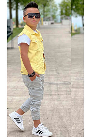 Erkek Çocuk Kaplan Detaylı T-shirt Sırt Baskılı Kolsuz Sarı Jean Ceket Kargo Cepli Alt Üst Takım