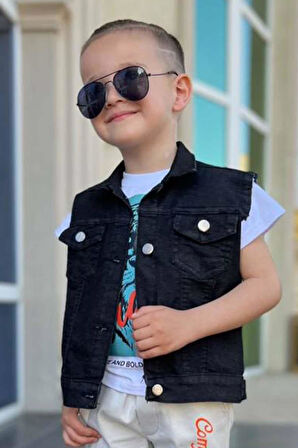 Erkek Çocuk Kaplan Detaylı T-shirt Sırt Baskılı Kolsuz Siyah Jean Ceket Kargo Cepli Alt Üst Takım