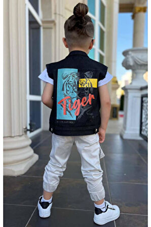 Erkek Çocuk Kaplan Detaylı T-shirt Sırt Baskılı Kolsuz Siyah Jean Ceket Kargo Cepli Alt Üst Takım