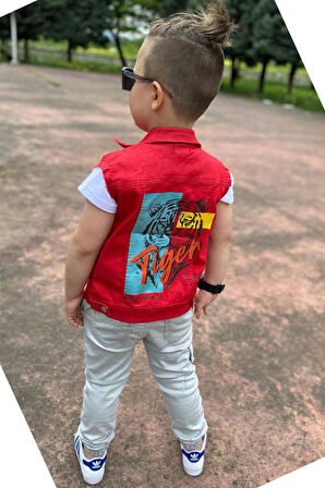 Erkek Çocuk Kaplan Detaylı T-shirt Sırt Baskılı Kolsuz Kırmızı Jean Ceket Kargo Cepli Alt Üst Takım