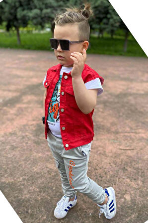 Erkek Çocuk Kaplan Detaylı T-shirt Sırt Baskılı Kolsuz Kırmızı Jean Ceket Kargo Cepli Alt Üst Takım