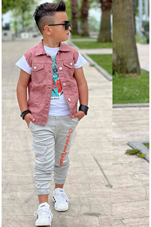 Erkek Çocuk Kaplan Detaylı T-shirt Sırt Baskılı Kolsuz Pudra Jean Ceket Kargo Cepli Alt Üst Takım