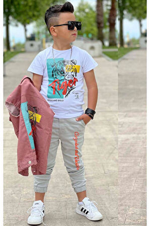 Erkek Çocuk Kaplan Detaylı T-shirt Sırt Baskılı Kolsuz Pudra Jean Ceket Kargo Cepli Alt Üst Takım