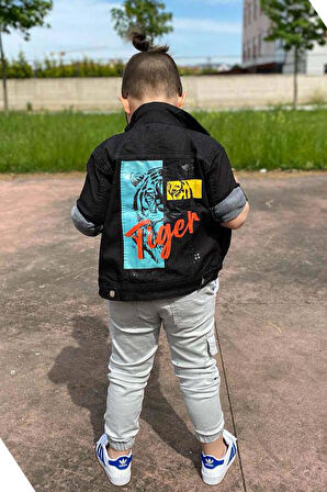 Erkek Çocuk Kaplan Detaylı T-shirt Sırt Baskılı Siyah Jean Ceket Kargo Cepli Alt Üst Takım