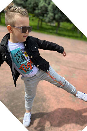 Erkek Çocuk Kaplan Detaylı T-shirt Sırt Baskılı Siyah Jean Ceket Kargo Cepli Alt Üst Takım