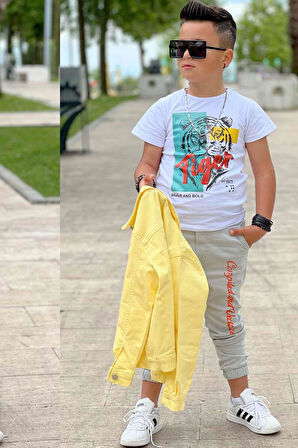 Erkek Çocuk Kaplan Detaylı T-shirt Sırt Baskılı Sarı Jean Ceket Kargo Cepli Alt Üst Takım