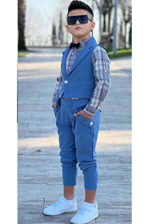 Erkek Çocuk Gümüş Düğme Detaylı Yelek Papyonlu Ekose Çizgili Gömlek Mavi Alt Üst Takım