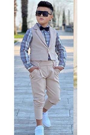 Erkek Çocuk Gümüş Düğme Detaylı Yelek Papyonlu Ekose Çizgili Gömlek Krem Alt Üst Takım