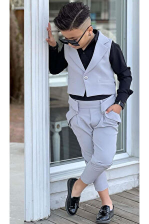 Erkek Çocuk Gümüş Düğme Detaylı Yelek Gabardin Siyah Gömlek Gri Alt Üst Takım