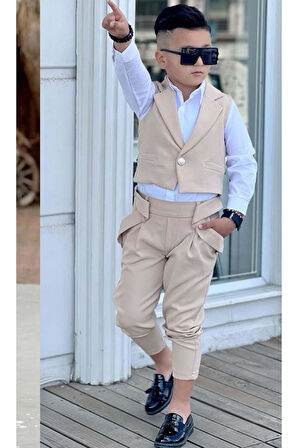 Erkek Çocuk Gümüş Düğme Detaylı Yelek Gabardin Beyaz Gömlek Krem Alt Üst Takım