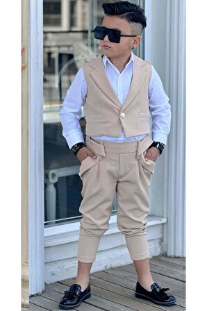 Erkek Çocuk Gümüş Düğme Detaylı Yelek Gabardin Beyaz Gömlek Krem Alt Üst Takım