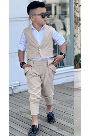 Erkek Çocuk Gümüş Düğme Detaylı Yelek Gabardin Beyaz Gömlek Krem Alt Üst Takım