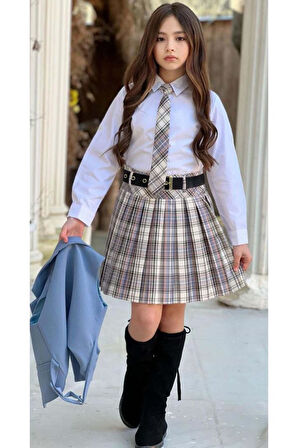 Kız Çocuk Gümüş Düğme Detaylı Mavi Yelek Gabardin Gömlek Kravatlı Ekose Çizgili Etekli Takım