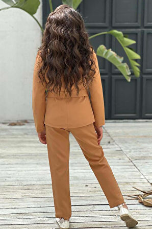 Kız Çocuk Yakası Fırfır Tüllü Dik Yaka Kazak Blazer Ceket Kırçılı Kemer Kahverengi Alt Üst Takım