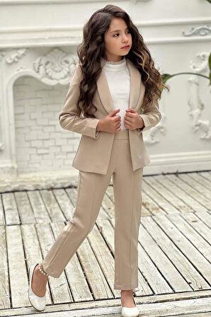 Kız Çocuk Yakası Fırfır Tüllü Dik Yaka Kazak Blazer Ceket Kırçılı Krem Alt Üst Takım