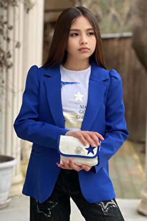 Kız Çocuk Baskılı T-shirt Bol Kesim Yıldız Detaylı Jean Pantolon Mavi Blazer Ceket Alt Üst Takım