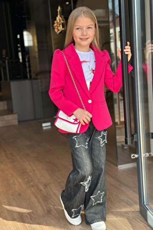Kız Çocuk Baskılı T-shirt Bol Kesim Yıldız Detaylı Jean Pantolon Fuşya Blazer Ceket Alt Üst Takım