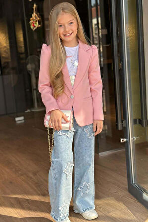 Kız Çocuk Baskılı T-shirt Bol Kesim Yıldız Detaylı Jean Pantolon Pudra Blazer Ceket Alt Üst Takım