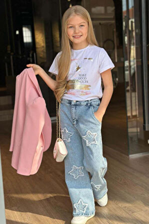 Kız Çocuk Baskılı T-shirt Bol Kesim Yıldız Detaylı Jean Pantolon Pudra Blazer Ceket Alt Üst Takım