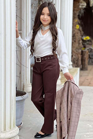 Kız Çocuk Yakası Açık Ve Taş Detaylı Bluz Ekose Çizgi Blazer Ceket Kemerli Kahverengi Alt Üst Takım