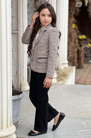 Kız Çocuk Yakası Açık Ve Taş Detaylı Bluz Ekose Çizgi Blazer Ceket Kemerli Siyah Alt Üst Takım