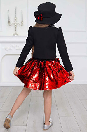 Kız Çocuk Kruvaze Yaka Kenarlar Taş Şerit İşlemeli Ceket Kırmızı Pullu Etekli Takım