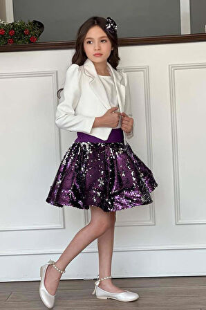 Kız Çocuk Kruvaze Yaka Kenarlar Taş Şerit İşlemeli Ceket Mor Pullu Etekli Takım