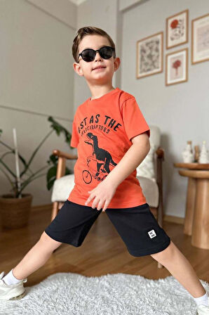 Erkek Çocuk Dinazor ve Bisiklet Baskılı Turuncu T-shirt Penye Şortlu Takım