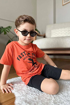 Erkek Çocuk Dinazor ve Bisiklet Baskılı Turuncu T-shirt Penye Şortlu Takım